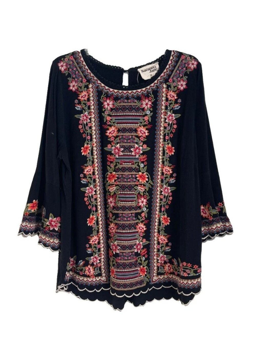 Savanna Jane Black Linen Blend Embroidered  Tunic Top Scallop Hem